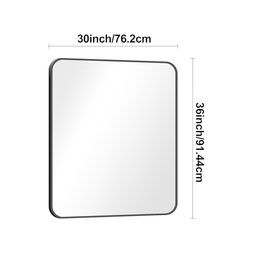 30x36 Inch Black Bathroom Mirror - Rounded Corner Wall Mount Vanity Mirror with Frame, Horizontal or Vertical Hang, Safety Glass