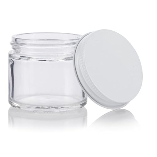 JUVITUS (6 pack) 2 oz / 60 ml Clear Thick Glass Jar with White Metal Airtight Lid