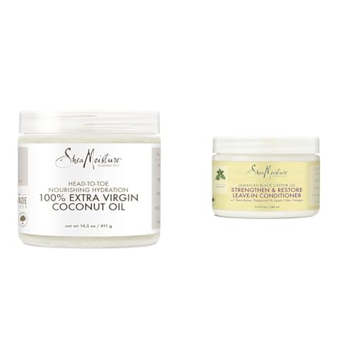SheaMoisture Body Moisturizer For Dry Skin 100% Extra Virgin Coconut Oil Nourishing Hydration Soften And Restore Skin And Hair 14.5 oz & Jamaican Black Castor Oil Leave In Conditioner