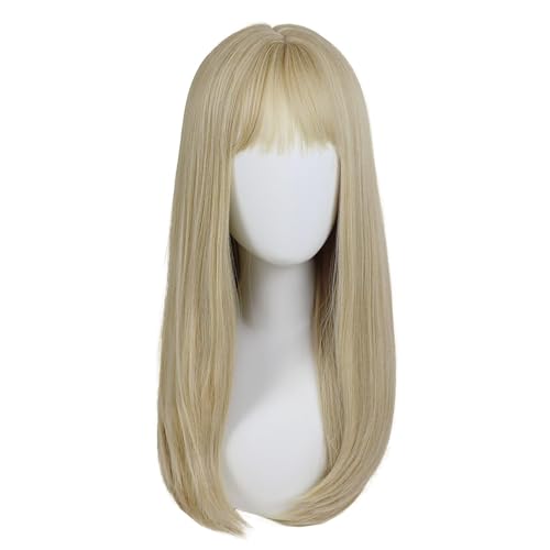 24 Inch Blonde Long Straight Wig with Bangs for Women - Cosplay & Daily Wear - Natural Synthetic Fiber