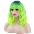Neon Green Wig with Bangs & Dark Root Ombre - Short Curly 14 Inch Synthetic Hair for Women, Party & Daily Wear