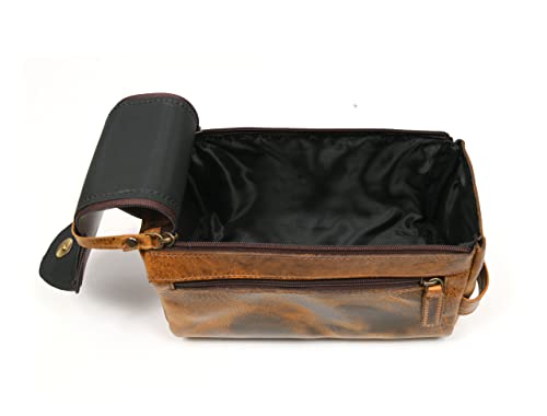 Leather Toiletry Bag for Men 9 Inch Raven Tan Travel Organizer Waterproof Lining
