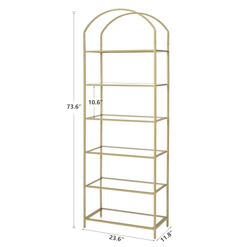 Tall Gold Bookshelf with Glass Shelves - 6 Tiers, Arched Design, 73.6"H