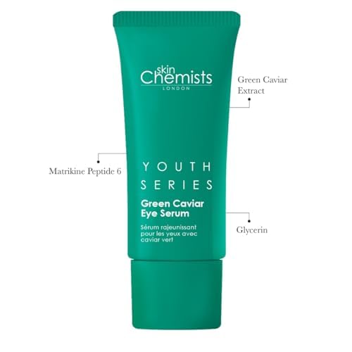 Skin Chemists Anti-Aging Eye Serum, 15ml - Green Caviar Extract & Matrikine Peptide 6 for Under Eye Wrinkle Reduction, Hydrating and Elasticated Skin