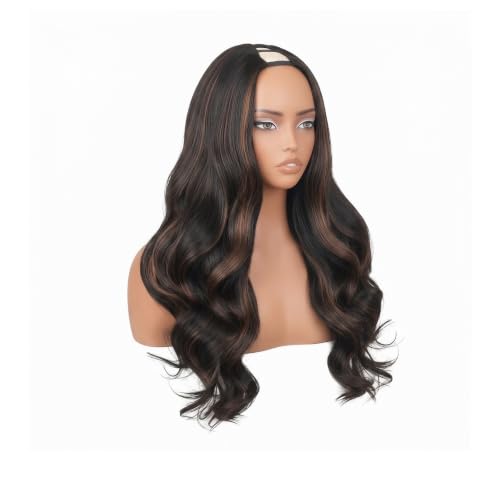 Wavy Clip-In Half Wig for Black Women Highlights Brown 24 Inch V Part Wavy Wig - No Leave Out, Glueless, Synthetic, Easy Style