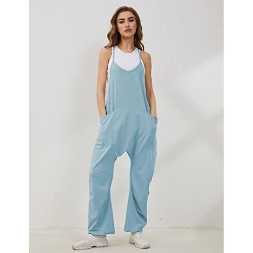 Lentta Women's Causal Jumpsuits V Neck Sleeveless Harem Overalls Stretchy Adjustable Strap Romper with Pockets