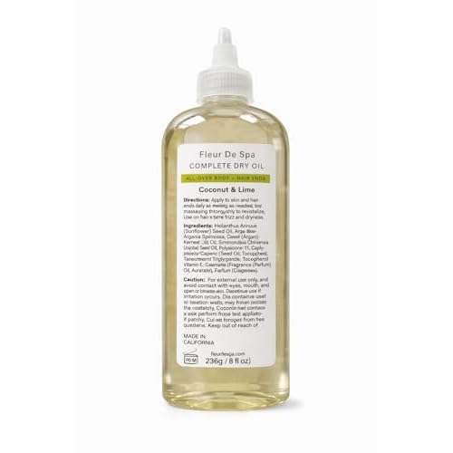 fleur de spa Complete Dry Oil ? Coconut & Lime | Lightweight, Fast-Absorbing Body & Hair Oil | Non-Greasy Botanical Hydration with Sunflower, Jojoba & Vitamin E | 8 fl oz