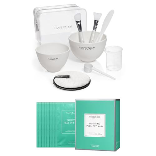 Fasplendor Peel-off Alginate Powder Face Mask with 9 in 1 Face Mask Mixing Bowl Set, SPA Quality, 240g/8Pcs
