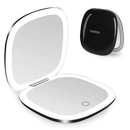 Lighted Travel Compact Mirror with 1X/10X Magnification & Dimmable LED Light - Black