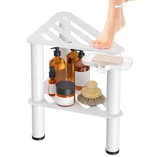 Metal Corner Shower Foot Stool with Soap Box, Rust-Proof, Shower Foot Rest Bench for Inside Shower Shaving Legs, Small Step Stools with Storage Shelf, Non-Slip Bath Stool (White)
