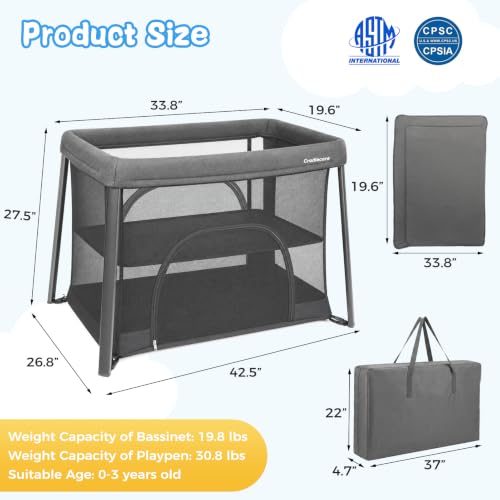 Travel Pack and Play with Bassinet - Grey Portable Baby Playpen & Sleep Space