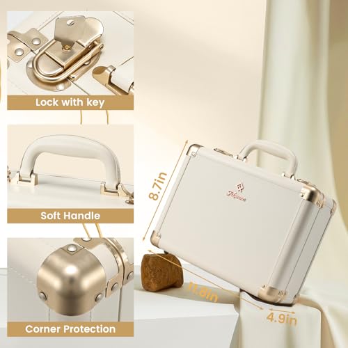 Lighted Makeup Case with Detachable Tray, Beige Vegan Leather Makeup Box Rechargable 3-Color LED Mirror, Travel Train Case Makeup Bag Organizer with Champagne Alloy