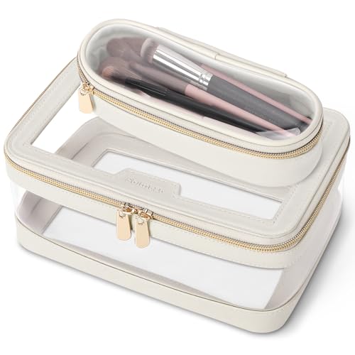Soimeat L / Off-White Travel Clear Makeup Bag with Brush Organizer, Waterproof Cosmetic Case, Portable Women’s Toiletry Storage