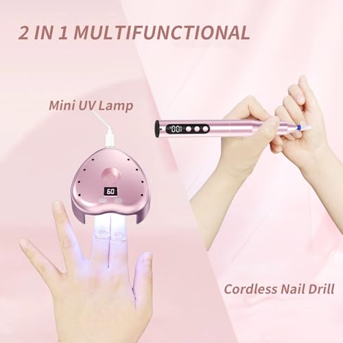 Cordless Electric Nail Drill File: 35000RPM Professional Nail Drill Machine with UV LED Nail Lamp Charging Base, Manicure Pedicure Kit E File for Acrylic Gel Dip Powder Polish Pink