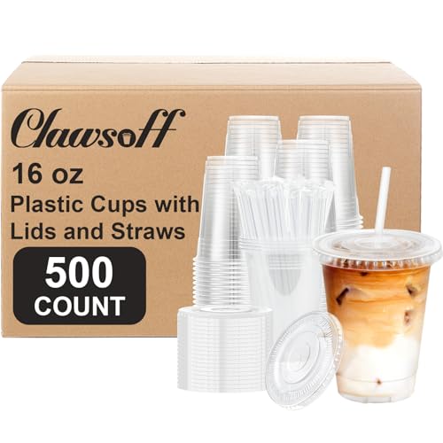Clawsoff 16oz Disposable Plastic Cups Pack with Lids & Straws - 500 Count