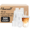 Clawsoff 16oz Disposable Plastic Cups Pack with Lids & Straws - 500 Count