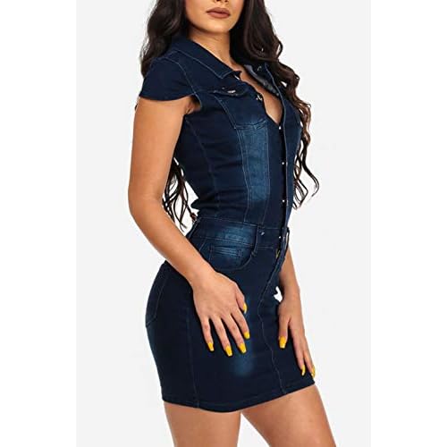chouyatou Women's Cap Sleeve Bodycon 1/2 Button Placket Mini Denim Pencil Dress