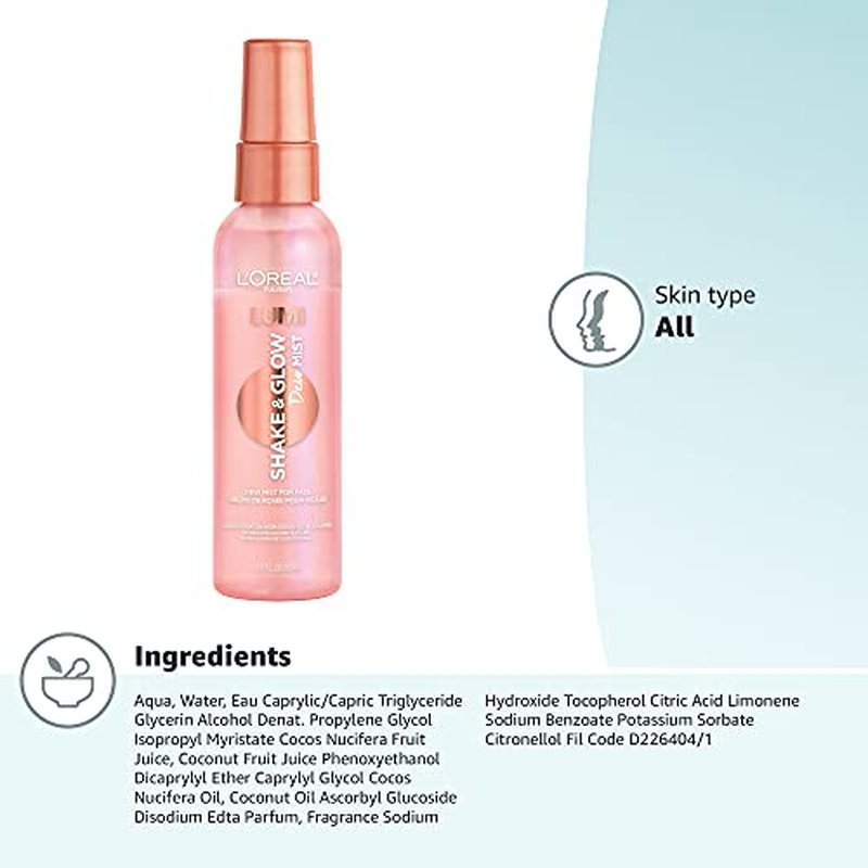 L'Oreal Paris Makeup LUMI Shake and Glow Dew Mist, Hydrating and Soothing Face Mist, Prep and Set Makeup, Energizes Skin with a Healthy Boost of Hydration, Natural Finish, 3 fl; oz.