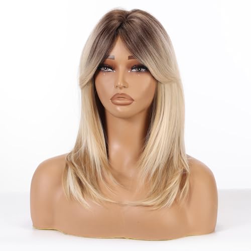 Allbell Mixed Blonde Curtain Bangs Wig - Medium Length Layered Synthetic Hair