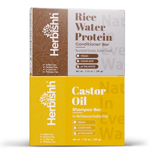 Herbishh Rice Water Conditioner & Castor Oil Shampoo Bar Set - Nourishing Hair Care for Dry and Damaged Hair - Vegan, Sulfate-Free, 2 x 3.53 oz