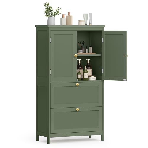 VASAGLE Bathroom Floor Cabinet with 2 Doors & 2 Drawers - Forest Green, Adjustable Shelves