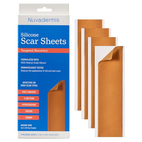 NUVADERMIS Silicone Scar Sheets 4 Pack Medium Tone Extra Long Medical-Grade Scar Treatment for C-Section Tummy Tuck and Surgical Scars