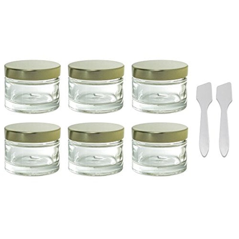 (6 Pack) 1 oz Clear Glass Balm Jars with Gold Metal Foam Lined Lids + Spatulas