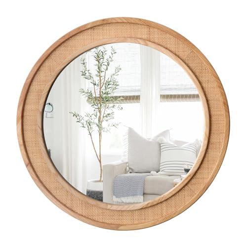 Nature 24 Inch Round Rattan Wall Mirror Farmhouse Wooden Vanity Mirror