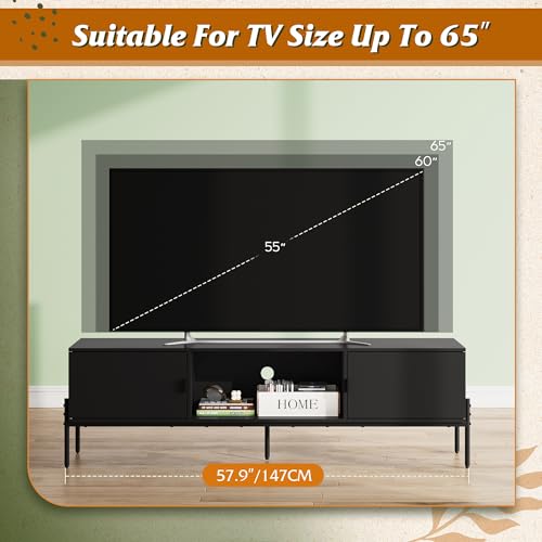 58-Inch TV Stand for 55-65 Inch TVs - Black Media Console with Metal Legs