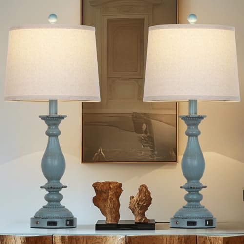 Blue Coastal Table Lamps Set of 2 - 28 Inch Dimmable Bedside Touch Lamps with USB & Outlet