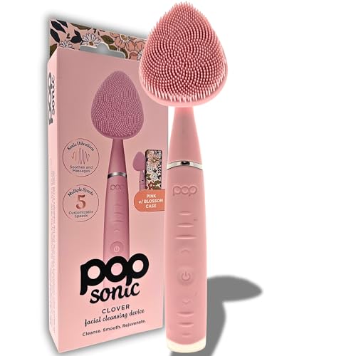 Pop Sonic Clover Facial Cleansing Brush Pink - 5 Speed Sonic Vibrations, Rechargeable Silicone Face Exfoliator & Massager