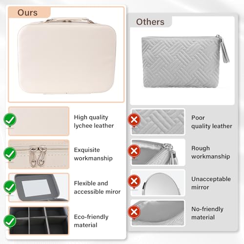 [Bridal Makeup Bag with Mirror] Large-capacity travel makeup storage bag, with compartments and a free brush pouch, waterproof PU makeup bag, durable structure & portable design (black Style)