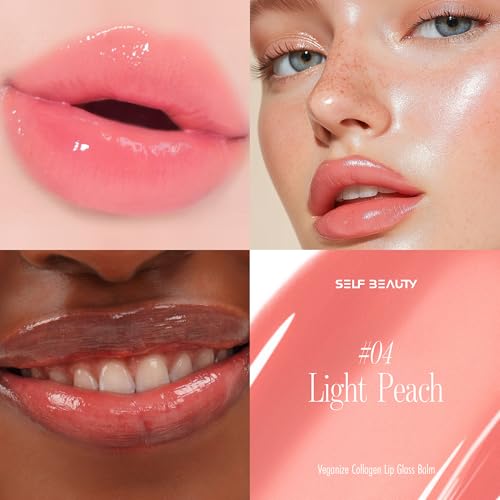 SELF BEAUTY Veganize Collagen Lip Glass Balm | Hydrating Lip Balm in 9 Vibrant Colors | Moisturizing Lip Care Infused with Collagen Jelly Magic | No Animal Trial Lip Balm 0.06 oz (#4 Light Peach)