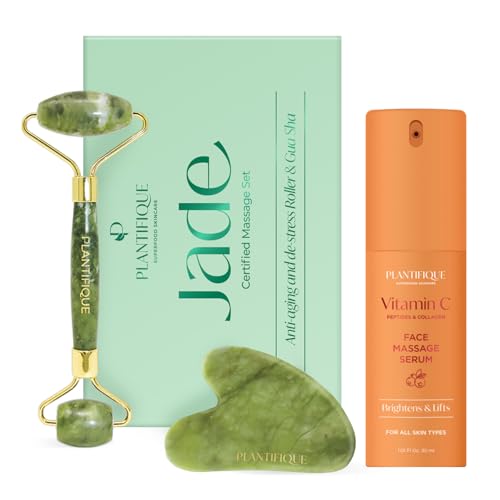 PLANTIFIQUE Jade Roller for Face and Gua Sha Facial Tools | Vitamin C Face Serum Anti Aging Massage with Peptides Collagen | Korean Skin Care Moisturizer