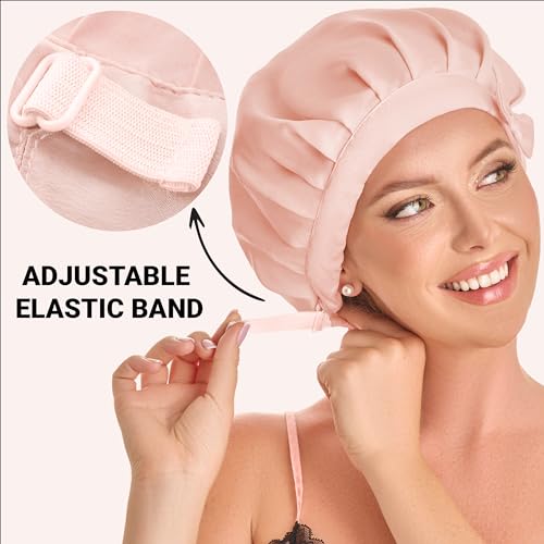 Golden Star Beauty Silk Bonnet Sleeping Cap For Women, Made of Real 100% Mulberry Silk, Soft and Easy to Use, Breathable & Adjustable Sleep Caps, Fine Hair Wrap - Night Head Cap for Curly Hair (Pink)