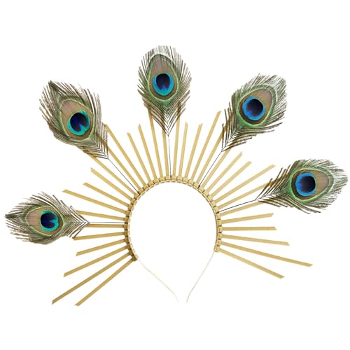 Peacock Feather Gold Halo Crown Headband with Earrings - Bridal Festival Cosplay