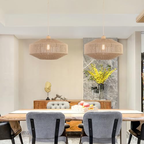 Plug-in Coastal Woven Pendant Light with 14ft Handmade Rope Cord - Dimmable Farmhouse Hanging Lamp for Kitchen Island & Living Room - Variation 2