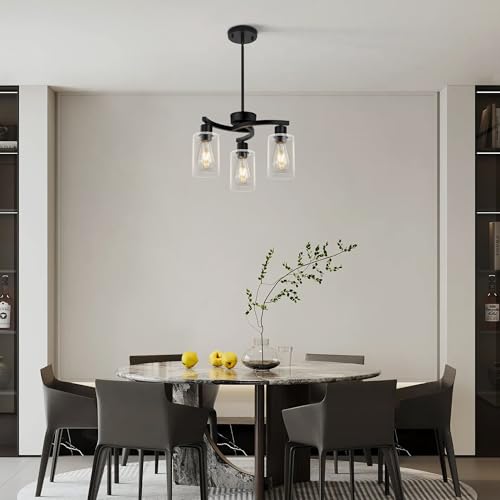 Black 3-Light Modern Dining Chandelier with Glass Shades - Farmhouse & Industrial Style