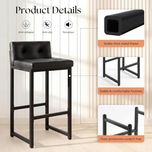 Black Counter Height Bar Stools Set of 2 with Back & Metal Legs - Faux Leather