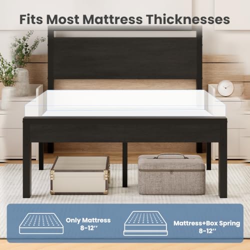 Full Size Bed Frame with Wood Headboard - Black, 14 Inch Under-Bed Storage