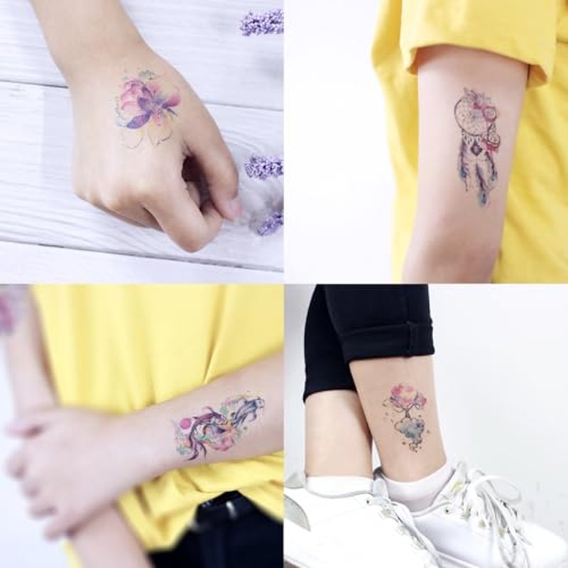 6 Sheets Tiny Small Temporary Tattoos For Women Men Finger Hands Neck Wrist Face, Cute Long Lasting Cartoon Fake Tattoo Stickers For Kids Boys Girls Black Blue Red Lotus Fish