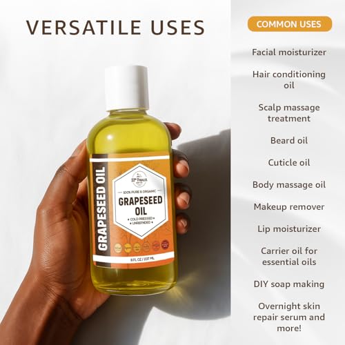 Organic GRAPESEED Oil (8 oz) Cold Pressed Unrefined | 100% Pure Natural, Non-GMO | Available in Bulk | Skin, Hair, Face, Carrier Oils, Soap Making | 8 FL OZ