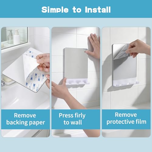 SANTOO Fogless Shower Mirror, Bathroom Shaving Anti-Fog Mirror with 3 Razor Holders - Strong Adhesive for Any Surface Without Falling, Shatterproof & Space-Saving (White)