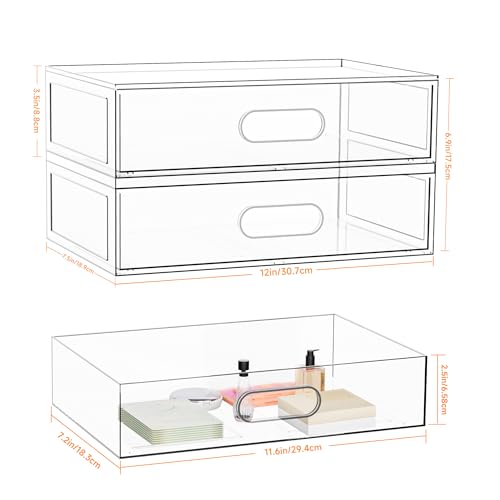 Aurblozen 2-Tier Clear Acrylic Makeup Organizer with Drawer, 12"W