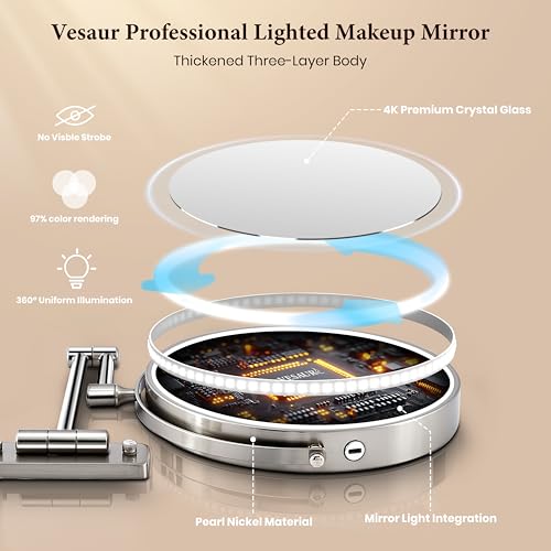 Wall Mounted Lighted Makeup Mirror with 20X Magnification, Rechargeable LED Lights & Extendable Arm