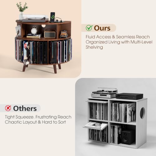 31.5-Inch Record Player Stand with Power Outlets and Vinyl Storage Cabinet