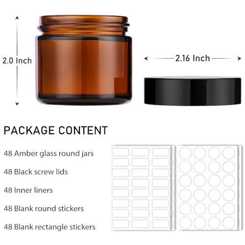 2 oz Amber Glass Jars with Black Lids - 48 Pack for DIY Skincare & Storage