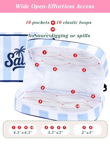 Travel Makeup Bag with Embroidered Salty Letter - Blue Striped Cosmetic Organizer for Women, Vacation & Beach Trips