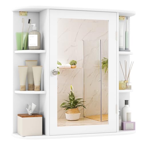 White Bathroom Medicine Cabinet with Mirror, Wall Mounted Storage Organizer, 4 Shelves & 6 Side Shelves