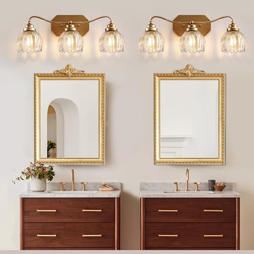 Brushed Gold 3-Light Vintage Vanity Lights with Clear Glass Shades - Antique Brass Finish